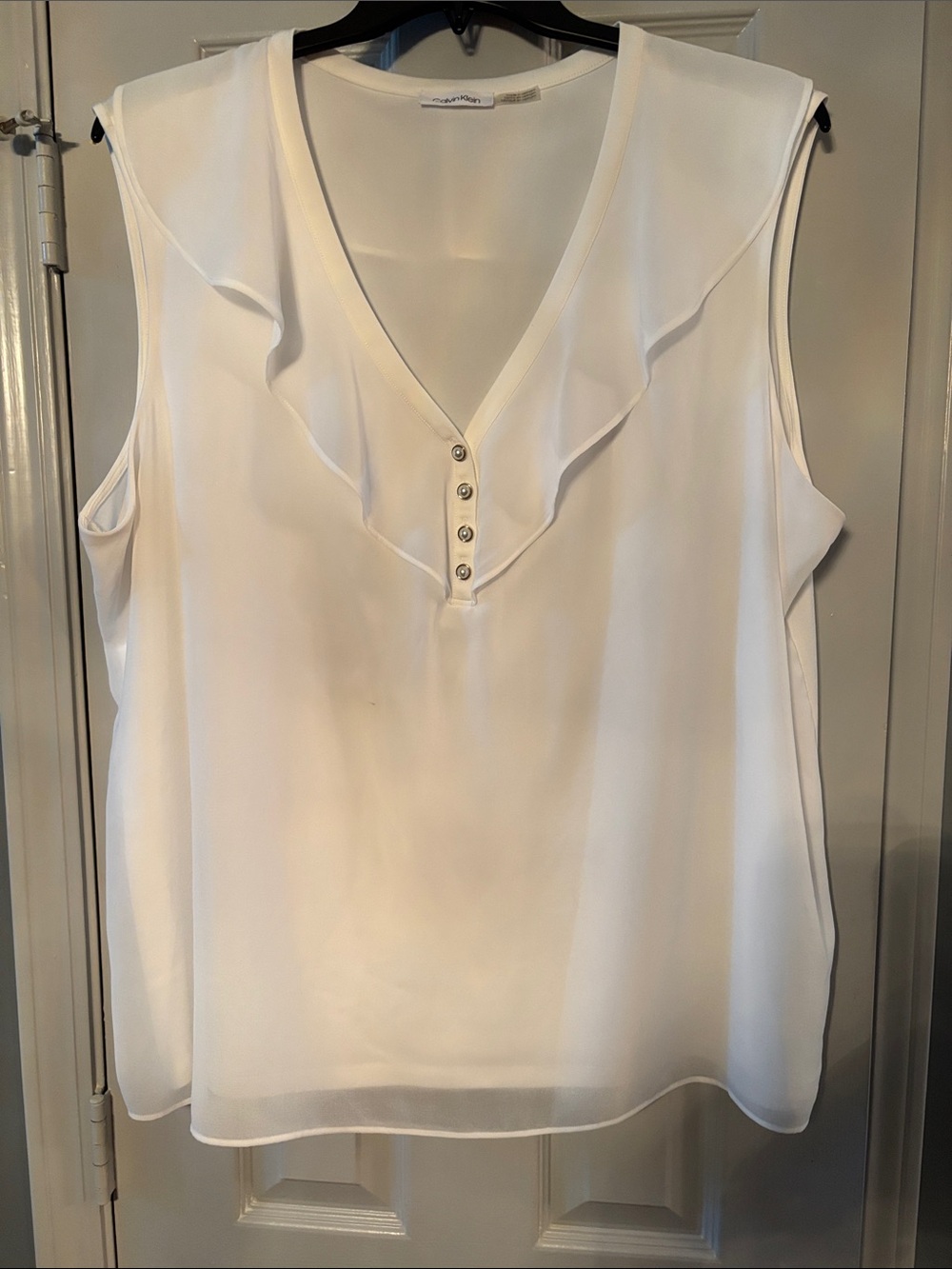 Calvin Klein White Ruffle Button Neck Tank Top